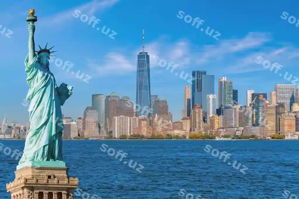 Erkinlik statuyasi Manhattan shahri shturvali orqa fonda muhim belgi Yangi York Shahri AQSH | Statue liberty with manhattan city skyline background landmarks new york city usa