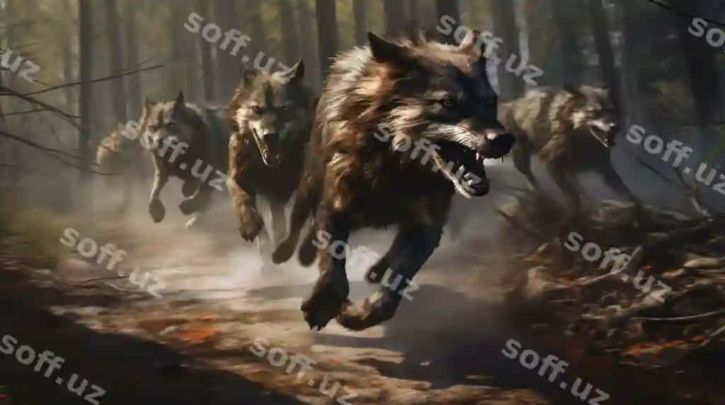 Hujum qiluvchi bo'rka generativ sun'iy intellekt bilan yaratilgan | Chasing pack wolves created with generative ai