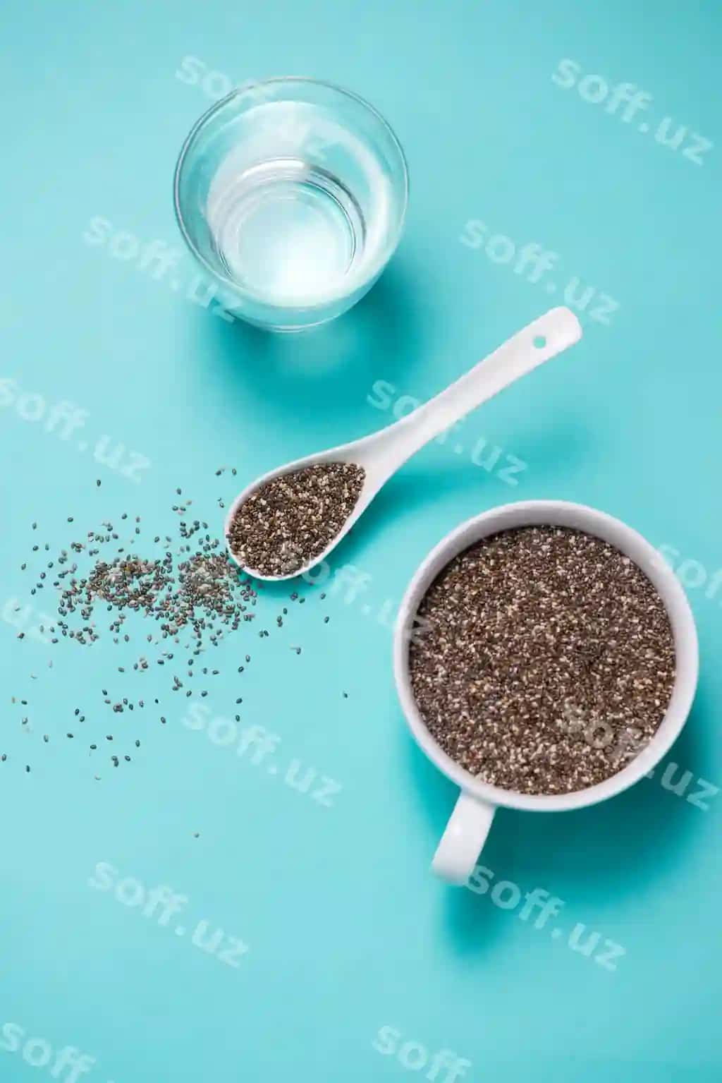 Stakan suvo bilan kossa sog'liqli chia urug'lari qoshiq matn faza | Glass water with cup healthy chia seeds spoon text space