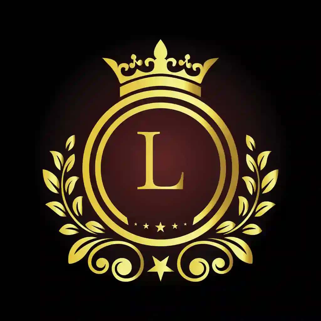 Toj dafna elementlari bilan bezatilgan hashamatli oltin harfli logotip dizayni, premium | Luxury golden letter l logo design with crown laurel elements premium