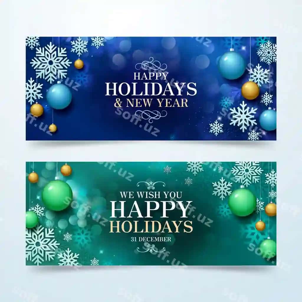 Realistik baxarli bayramlar ghorizontal banerlar to'plami | Realistic happy holidays horizontal banners set
