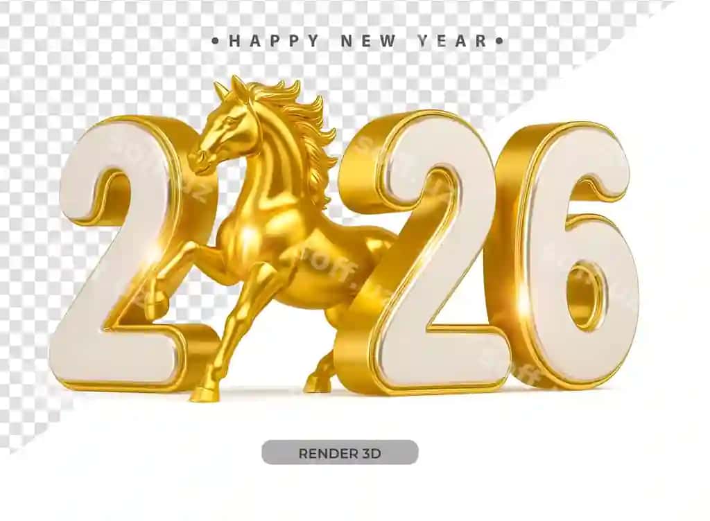2026 yangi yil bilan, oltin at bilan 3D render | Happy new year 2026 with golden horse 3d render