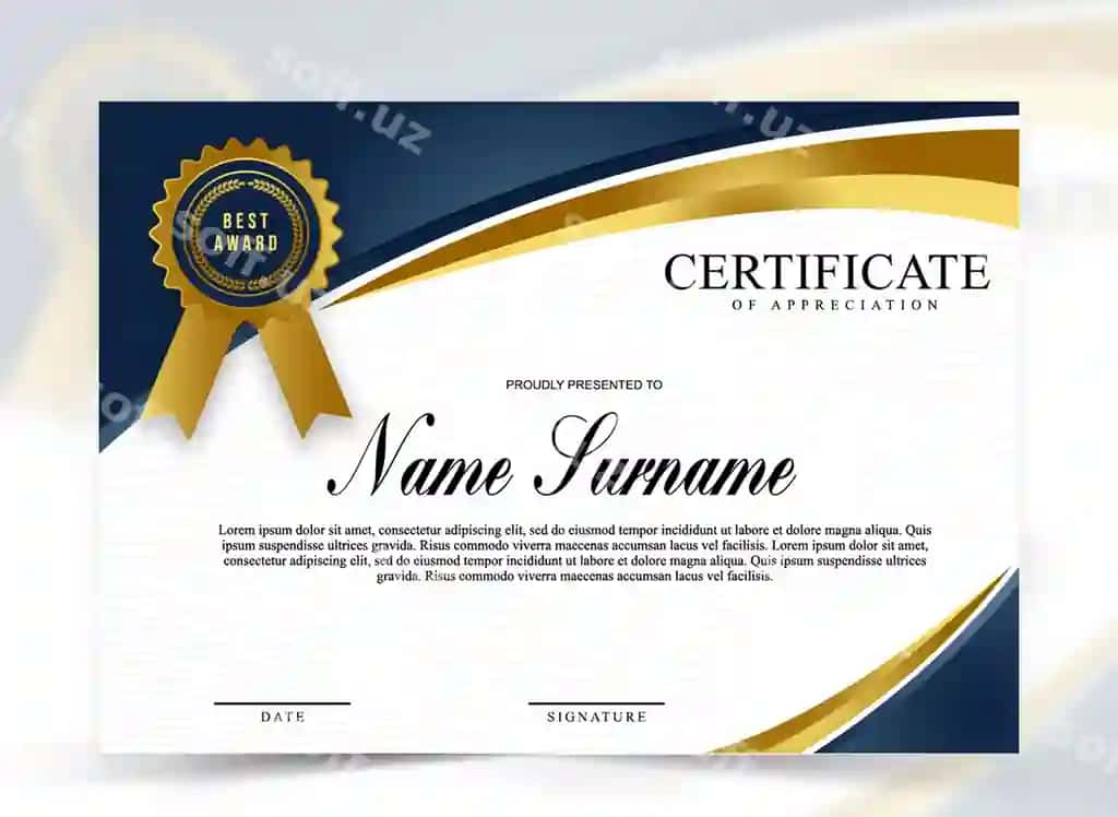 Ko'k va oltin sertifikat muvaffaqiyat shablon to'plami oltin nishonli tahrirlanga olindi | Blue gold certificate achievement template set with gold badge editable