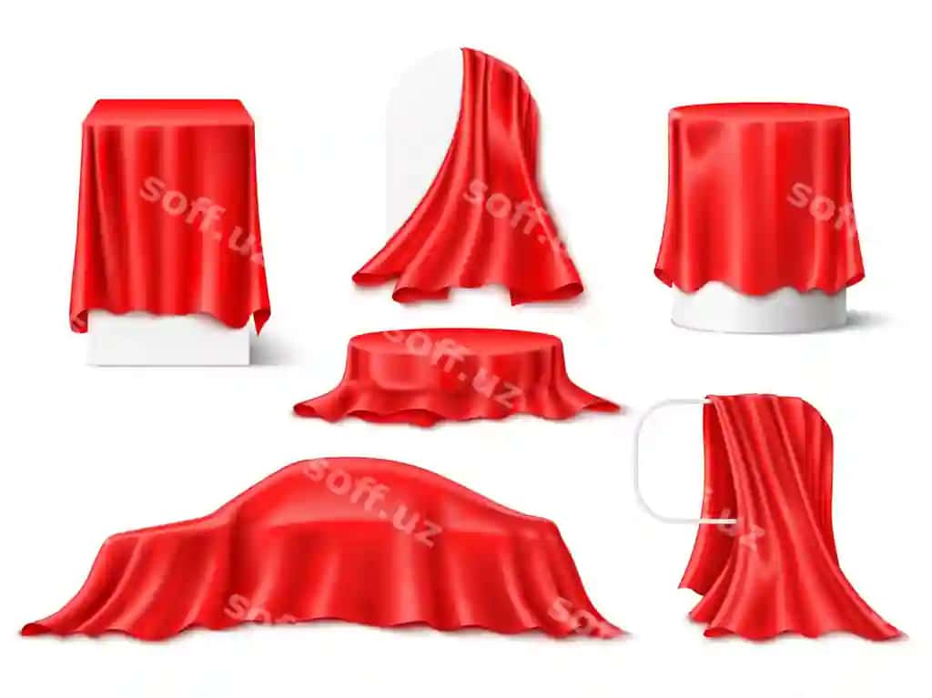 Qizil ipak gomlegi o'ralgan ob'ektlar haqiqiy tekstil draperiyalari parchalari | Red silk cloth covered objects realistic textile draperies fabrics