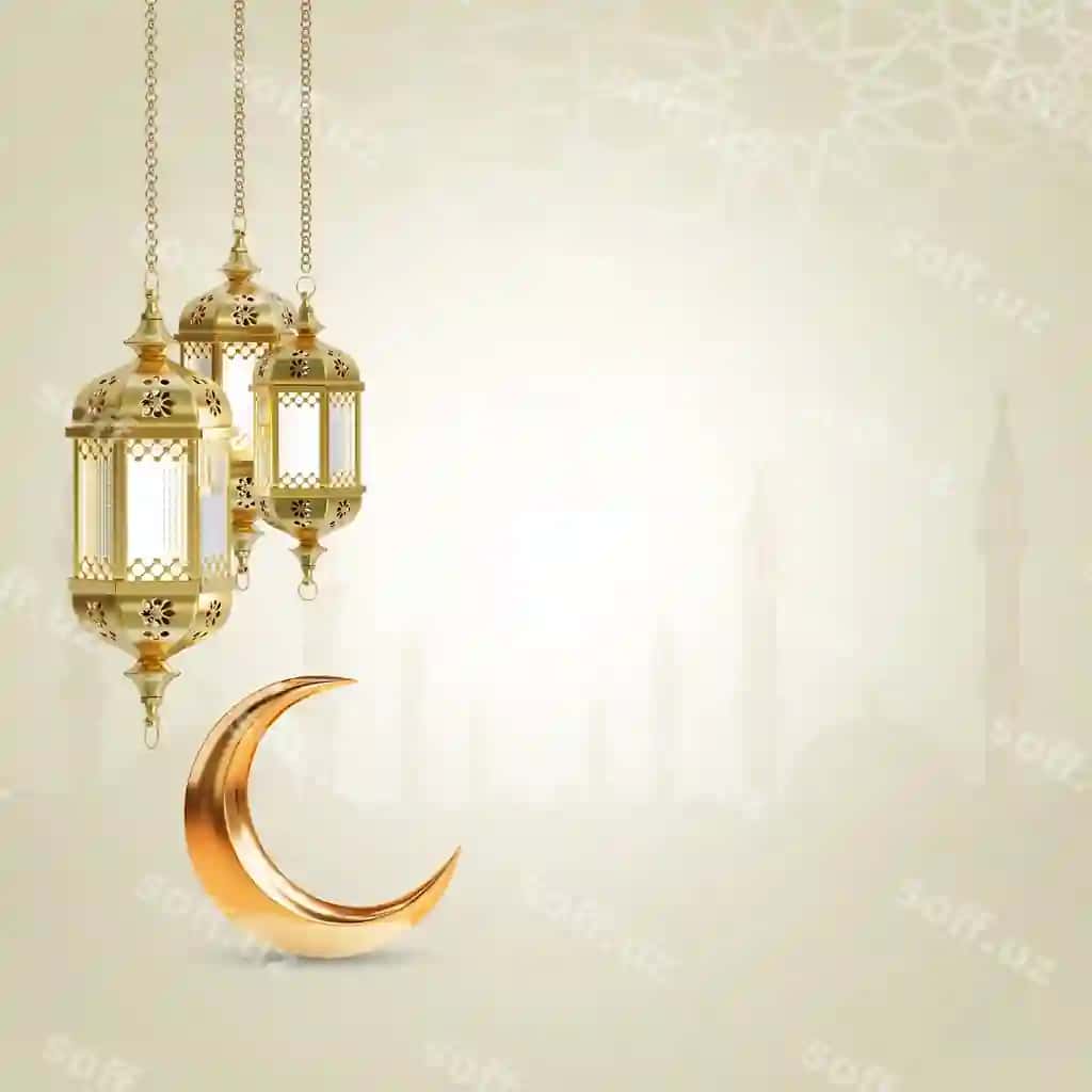 Oltin chiroq oltin hilolning ostida ashangan. Ramazon kiring, chiroyli salom. | Gold lamp hangs from gold crescent moon is hangingramadan kareem beautiful greeting