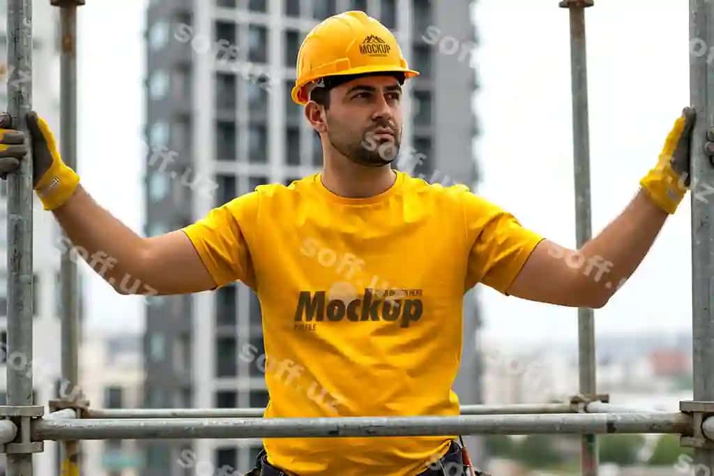 Qurilish ishchisi namuna sariq futbolka qoraqay shahar manzarasi foni | Construction worker mockup yellow tshirt hard hat cityscape background