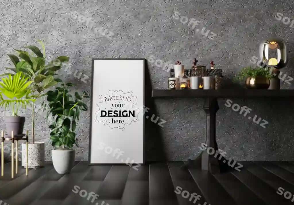 Afisha ramkasi otish xonasi PSD namuna | Poster frame living room psd mockup