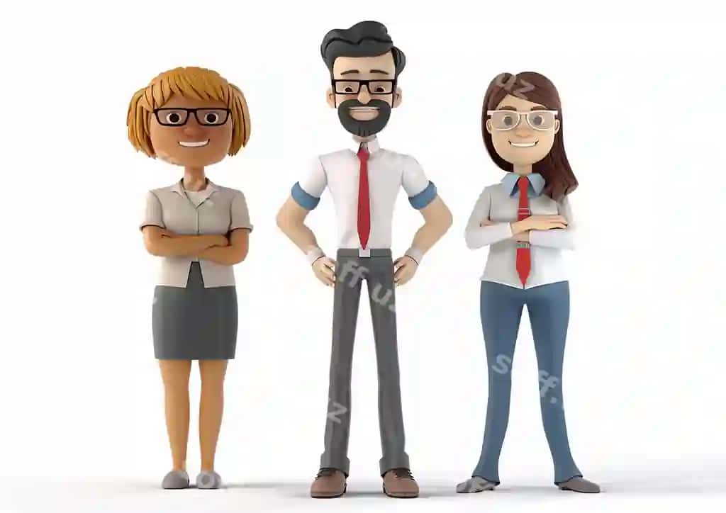 Guruh yosh xodimlar tik turgan oq fonda 3d animatsion kartun renderi | Group young employees standing tall white background 3d animated cartoon render