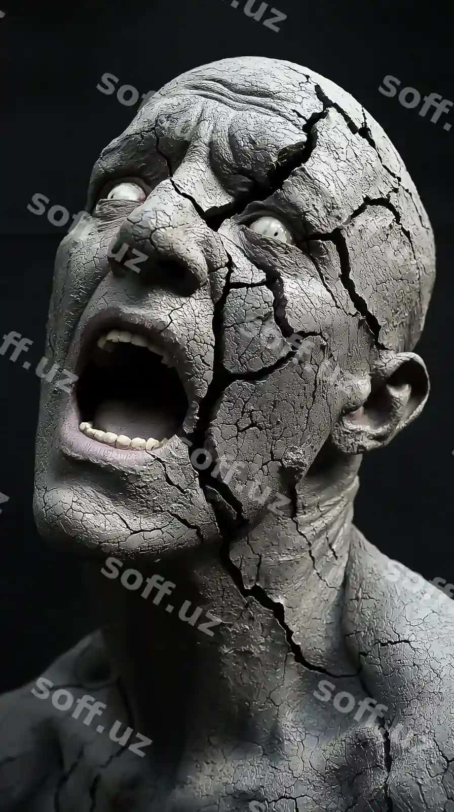 Yaqin suratda chiziqlar bor erkak yuzi, qora fonda | Close up man with cracked face black background