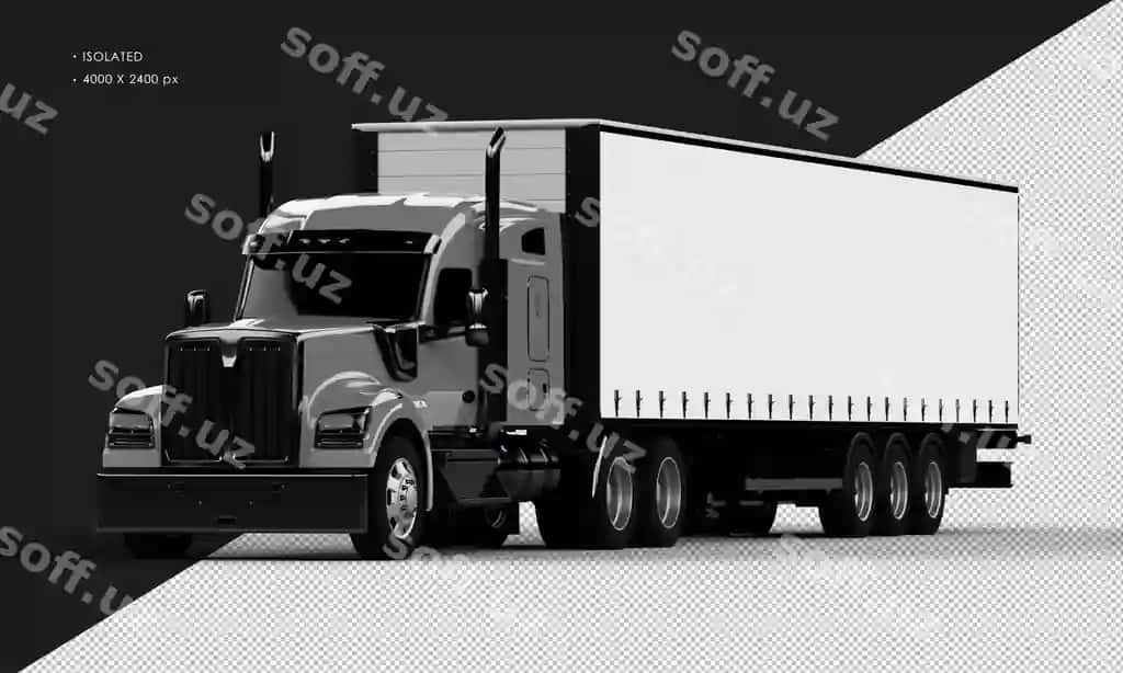 Uzun kulrang yorqin realistik ajraltirilgan yuk avtomobili chap oldingi tomondan | Isolated realistic shiny grey long trailer truck from left front