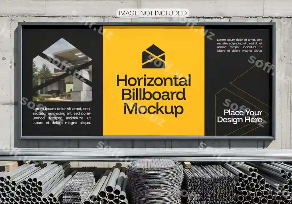 Gorizontal reklama doskasi namunasi beton devor sanoat materiallari bilan | Horizontal billboard mockup concrete wall with industrial materials