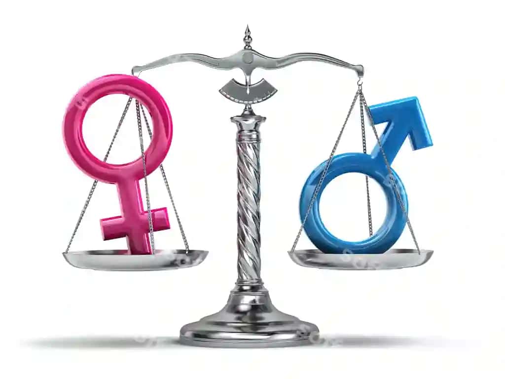 Jinsiy tenglik tushunchasi erkak ayol belgilarining mahsulotlari ajralangan oq uch o'lchovli | Gender equality concept male female signs scales isolated white 3d