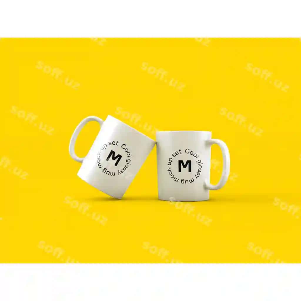 Ikki choy qoshiq sariq orqa fonda namuna | Two mugs yellow background mock up