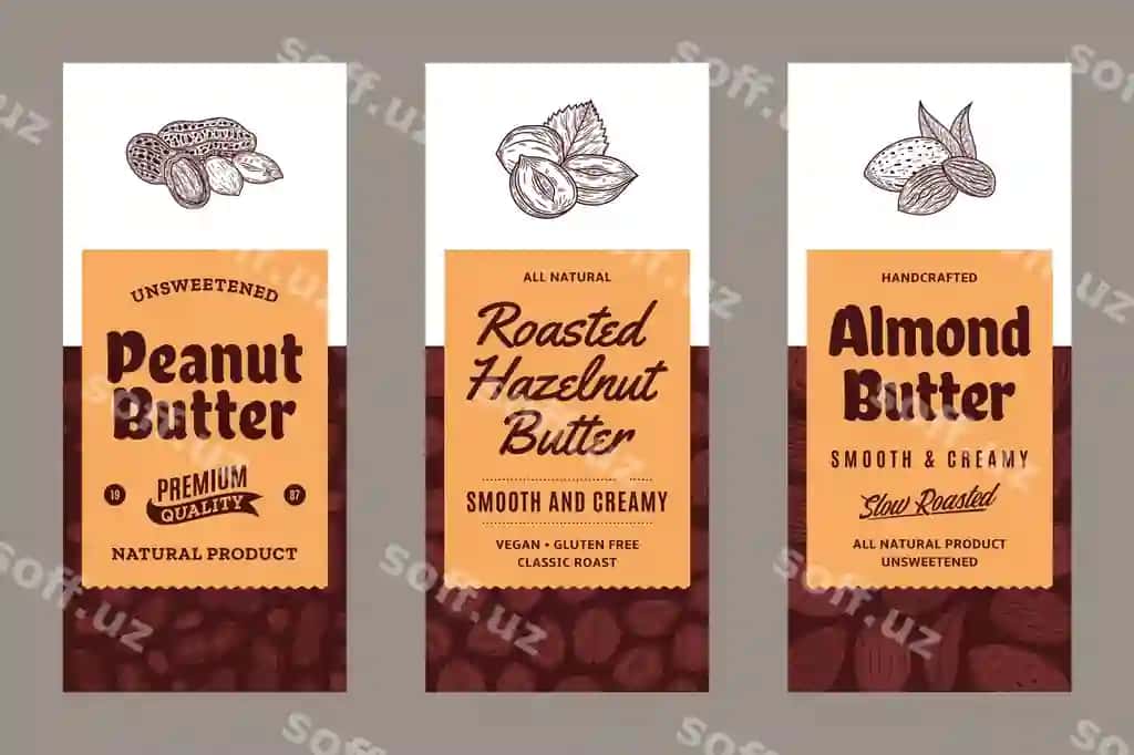 Yulduz badem fistik sirka etiketlar zamonaviy uslubda | Peanut almond hazelnut butter labels modern style