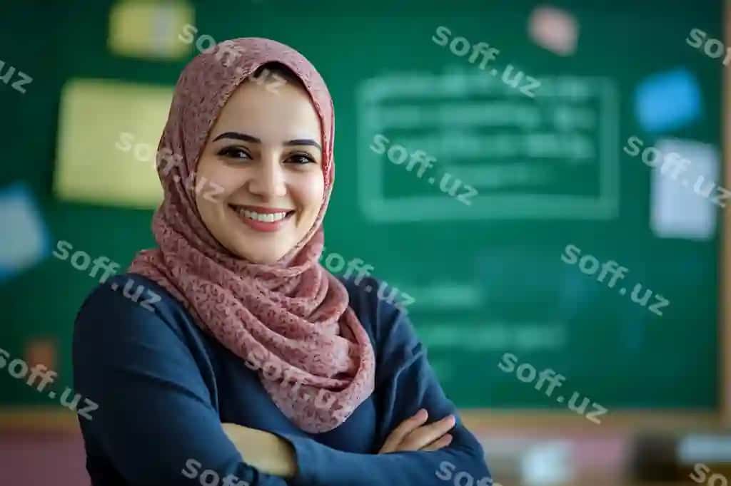 Hijob kiygan guladigan ayol o'qituvchi doska oldida turgan | Smiling female teacher hijab standing front blackboard