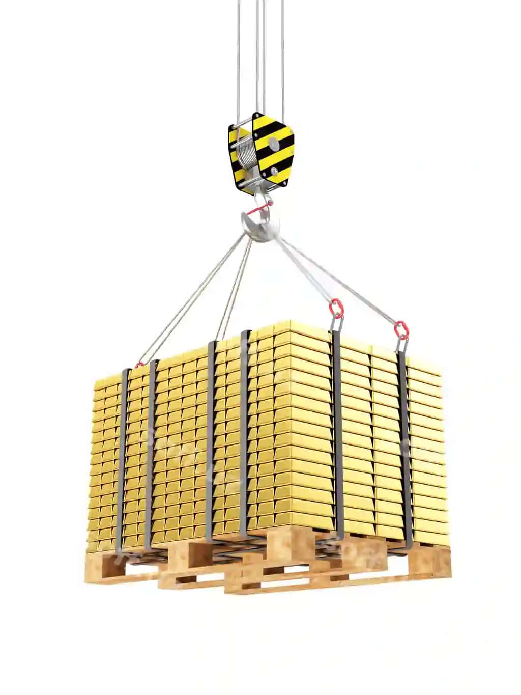 Kran qozon yog'ochlik palletda yig'ilgan oltin barlar | Crane hook with stacked golden bars wooden pallet