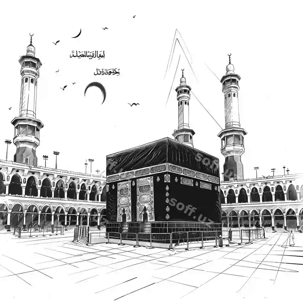 Qadimiy Kaaba Mekka Saudi Arabiyasi qo'l bilan chizilgan skets vektor illustratsiyasi | Holy kaaba mecca saudi arabia hand drawn sketch vector illustration