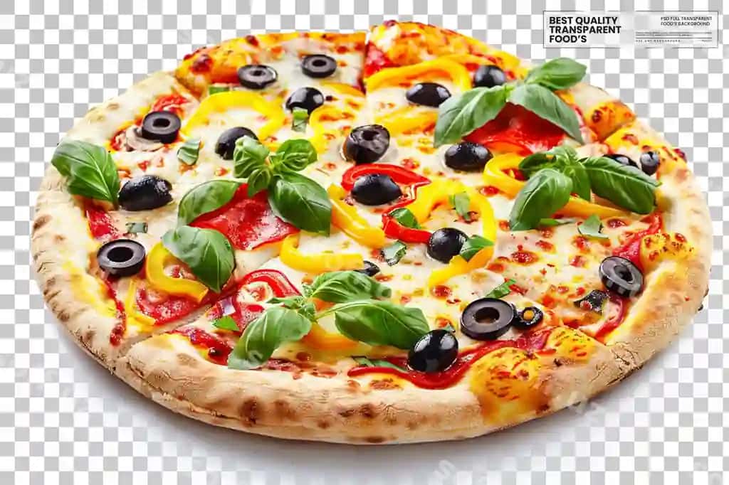 Foto italiy pizza qora zeytunlar bilan sariq biberlar pishloq shaffof | Photo italian pizza with black olives yellow peppers cheese transparent