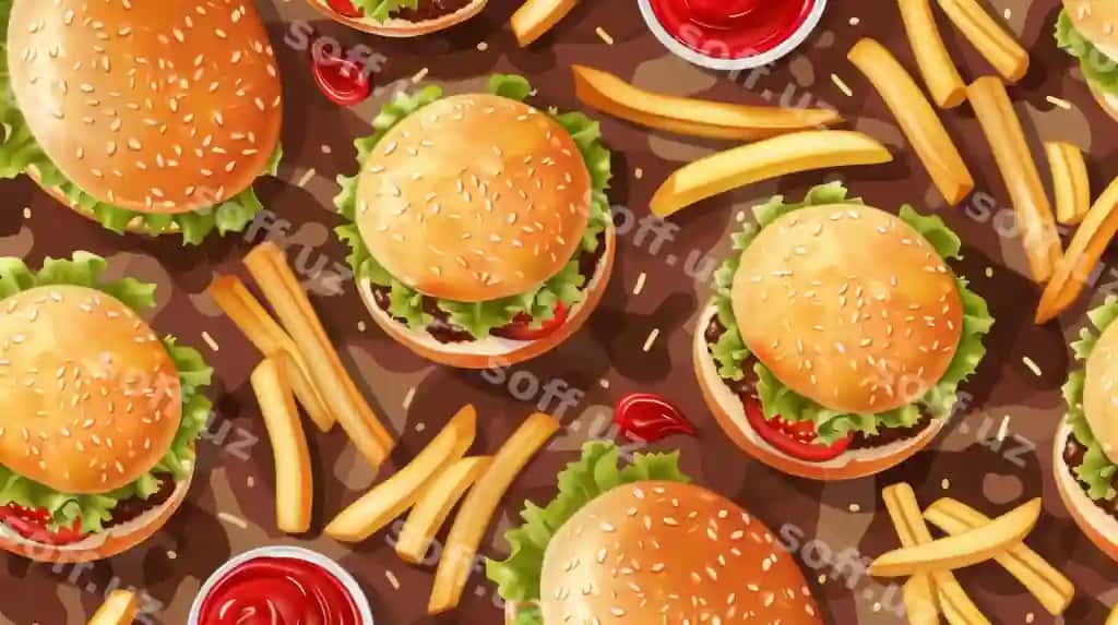 Tekis naqsh, misharli burgerlar, frenchevarcha, maskirovka fon. | Seamless pattern tasty burgers french fries camouflage background