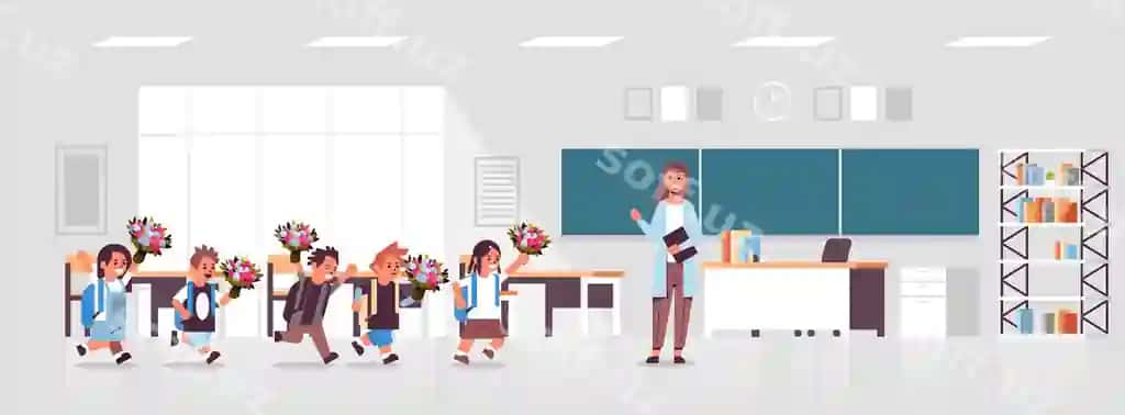 O'quvchilar gullar berish ayollar o'qituvchi oldingi doska sinf | Pupils giving flowers female teacher standing front board classroom
