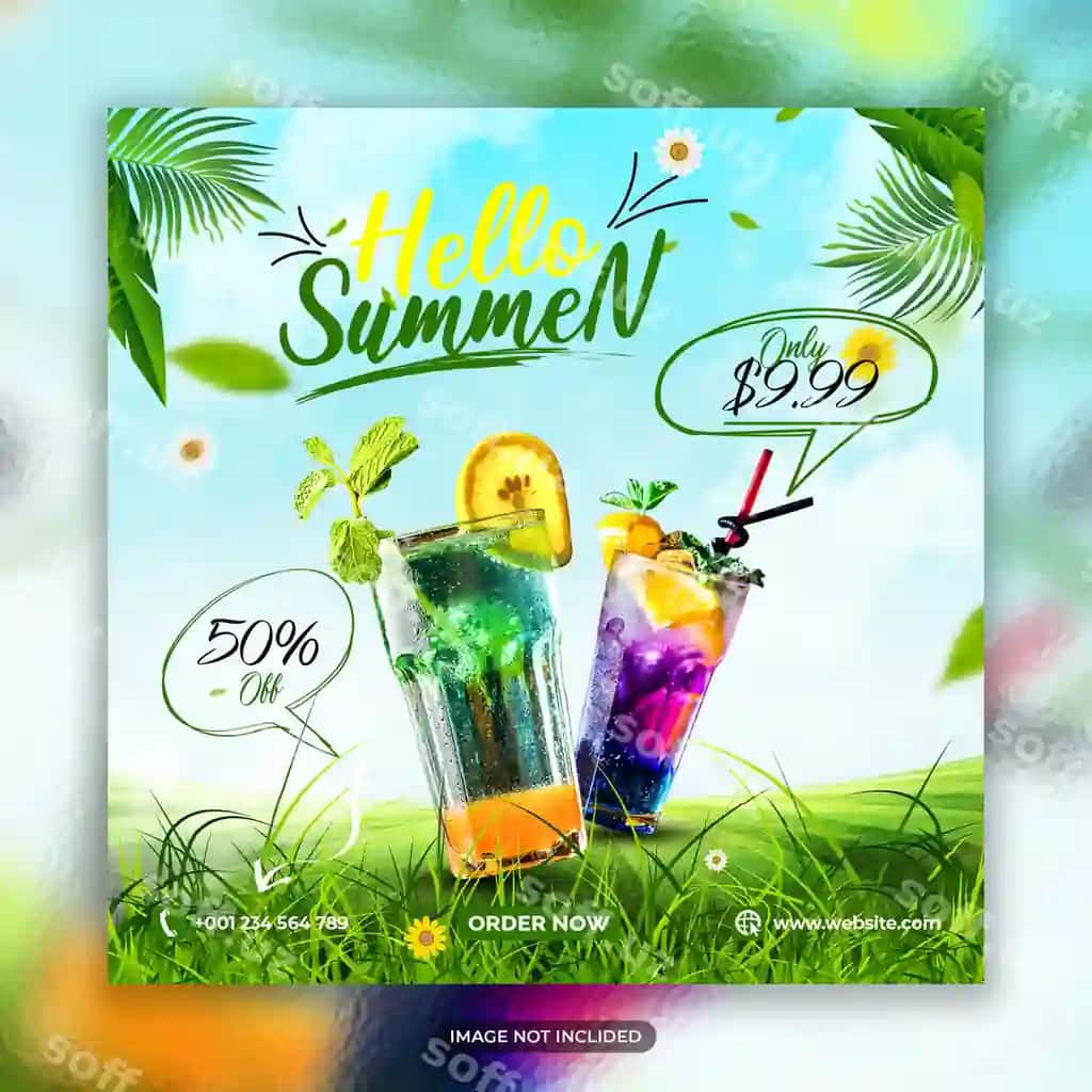 Hello yoz posteri kokteyl ichimlik bilan ko'k orqa fonda | Poster hello summer with cocktail drink blue background