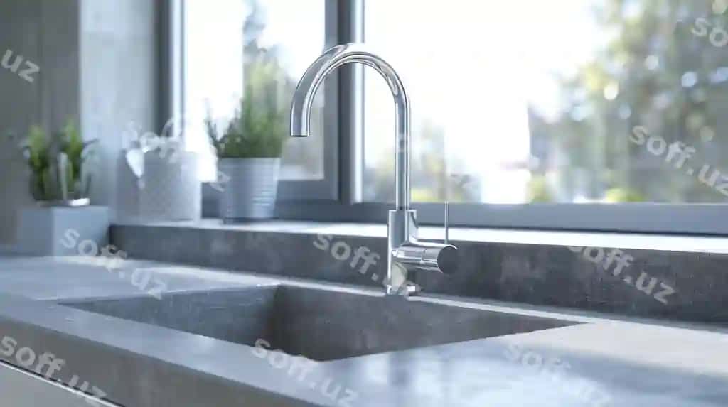 Zamonaviy oshpazlik chilgani noyin motal shina bilan kulrang betoni stol usti derazaga yaqin | Modern kitchen sink with stainless steel faucet grey concrete countertop near window