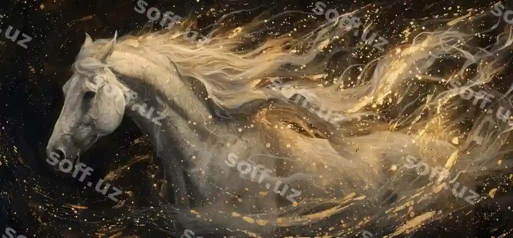 Sulphat rasmi oq at boshining uzun sochli yug'ilish pozasi qorong'i fonda hasharot devor dekoratsiyasi | Oil painting white horse head running pose with long mane dark background luxury wall decoration