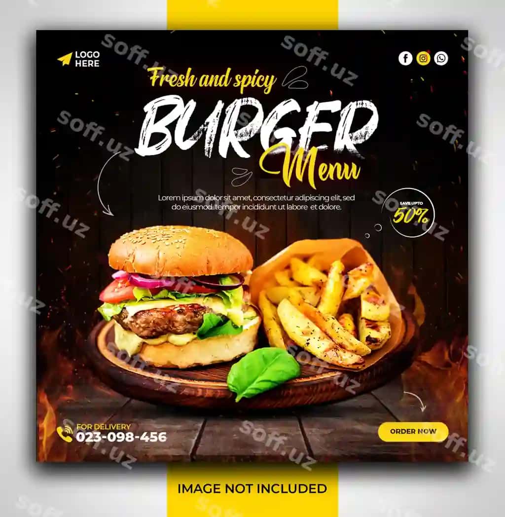 Social media burger taom reklamasi postlari Instagram Facebook banner | Social media burger food promotion posts instagram facebook banner