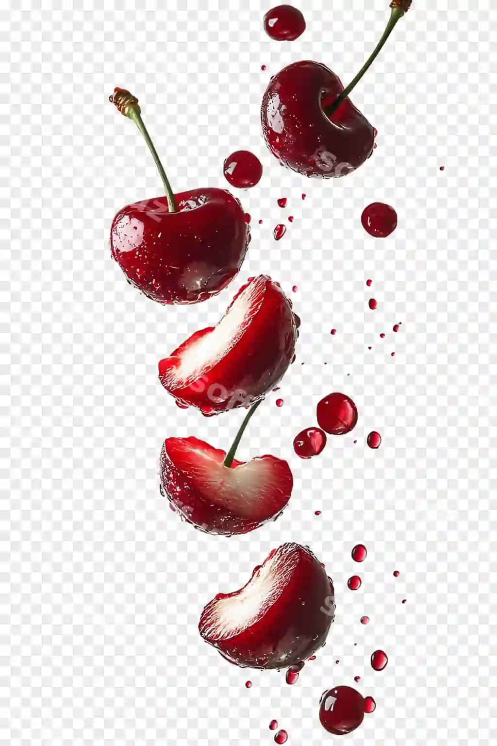 Yangi gilaki haqiqiy meva sulamalari bilan | Fresh cherry realistic fruit with splashes