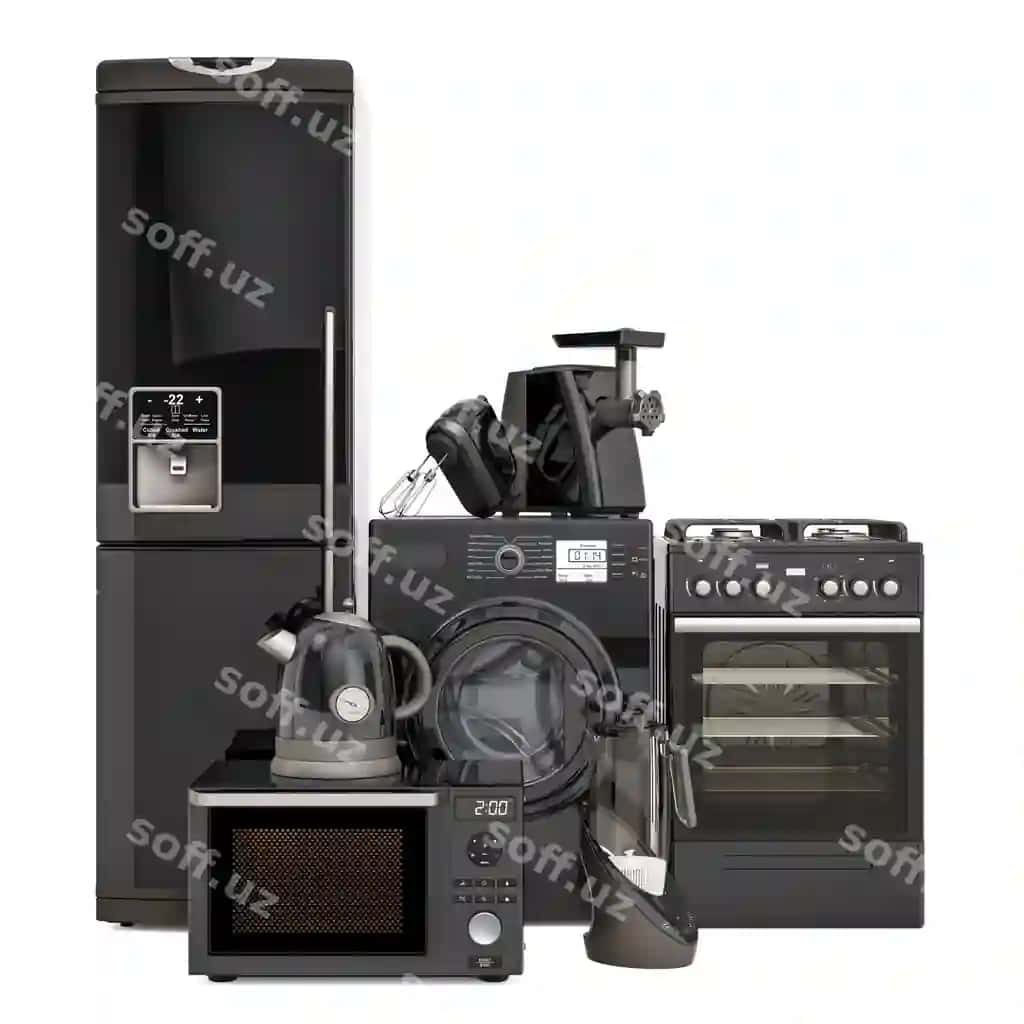 Qora oshxona jihozlari komplekti yuvish mashinasi holding gaz plovchagi mikroto'lqin ovog'i gosht qayatgich mikser choynik vodorod boyicha boyalgan suv mashinasi 3D render | Set black kitchen appliances washing machine fridge gas range microwave oven meat grinder mixer kettle hydrogen rich water machine 3d rendering