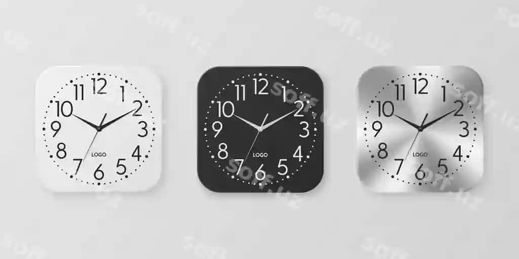 Vektor 3-o'lchovli realistik oq qora kumtir kvadrat devor ofis soati | Vector 3d realistic white black silver square wall office clock