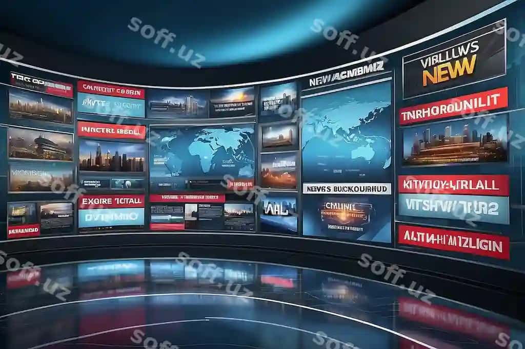 Yangiliklar foni 3d virtual yangiliklar tikkeri butun to'plam atrofida silkitiladi. | News background with 3d virtual news ticker scrolling around entire set