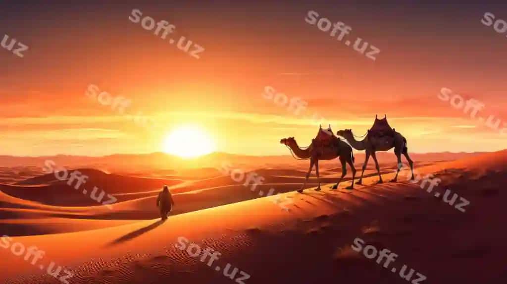 Veb-sayt orqa fonda g'ambar Sahara cho'li quyosh botishi manzorati | Website background camel sahara desert sunset view