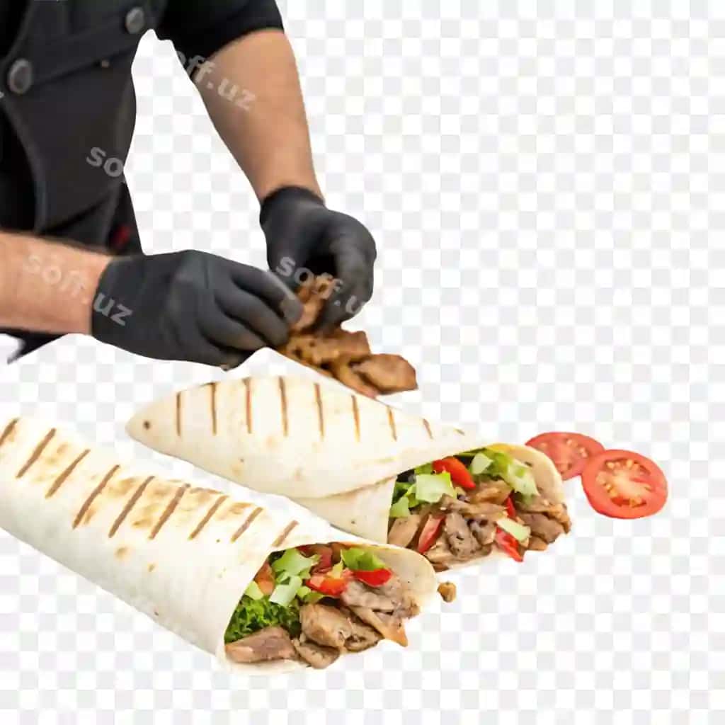 Pishirilgan shaurma lavashi tayyorlanmoqda Mediterranea ko'cha ovqatlari sotuvchi | Grilled shawarma wraps being prepared street food vendor mediterranean