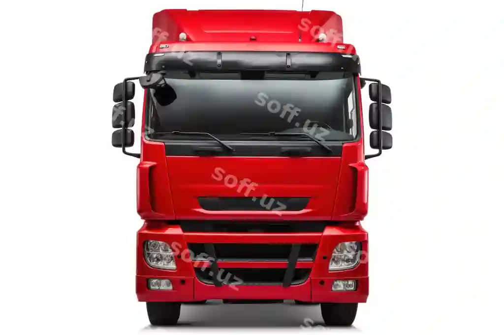 Qizil yuk avtomobilining old tomoni, oq fon PNG formatida, 32:52 nisbati, ish ID: a514422aacb1401c9bcbb1c8cf40ad2b | Red truck front view isolated transparent white background png ar 32 v 52 job id a514422aacb1401c9bcbb1c8cf40ad2b