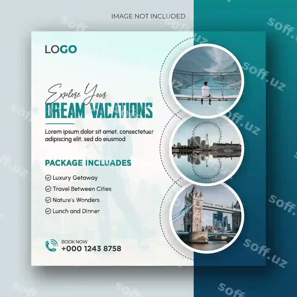 Sayohat va turizm uchun ijtimoiy tarmoqlar posti, dam olish kvadrati, veb-banner dizayni | Travel tourism social media post vacation square web banner design