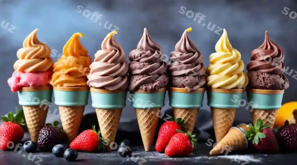 Mishar muz qatig'li konlarining ko'rinishi | Delicious ice cream cones array