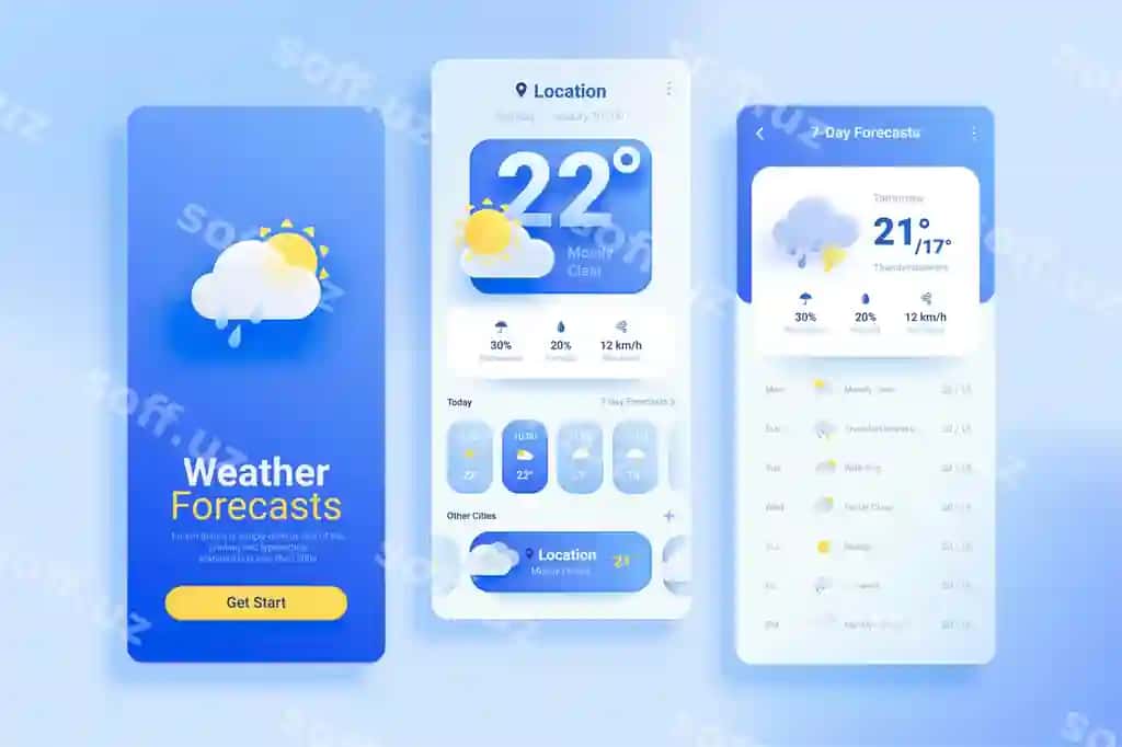 Zamonaviy minimal mobil ilova UI interfeysi komplekti ob-havo prognozi 3D glassmorfizm | Modern minimal mobile app ui interface kit weather forecast 3d glassmorphism