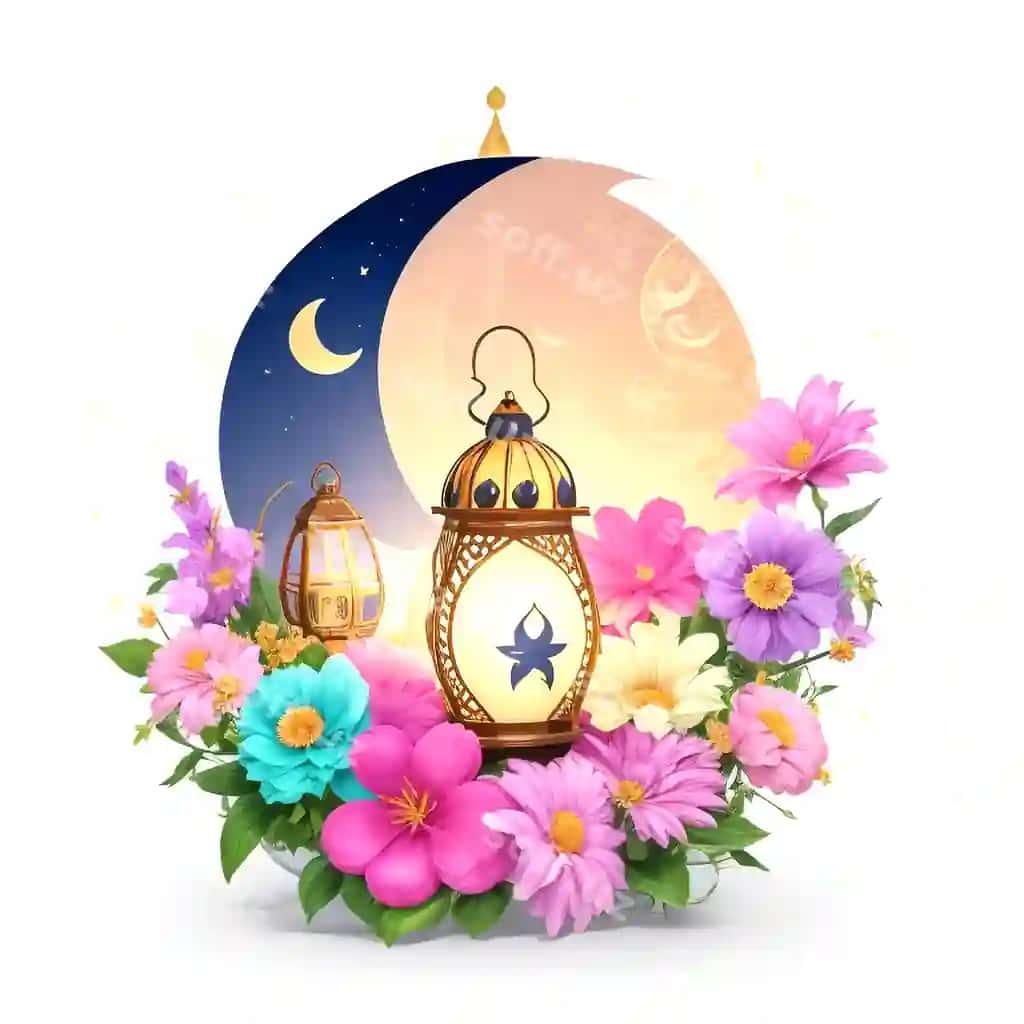 Eid al fitr dizayn shabloni chiroyli fener, hilol va gul bilan bezatilgan | Eid al fitr design template decorated with cute lantern crescent moon flower