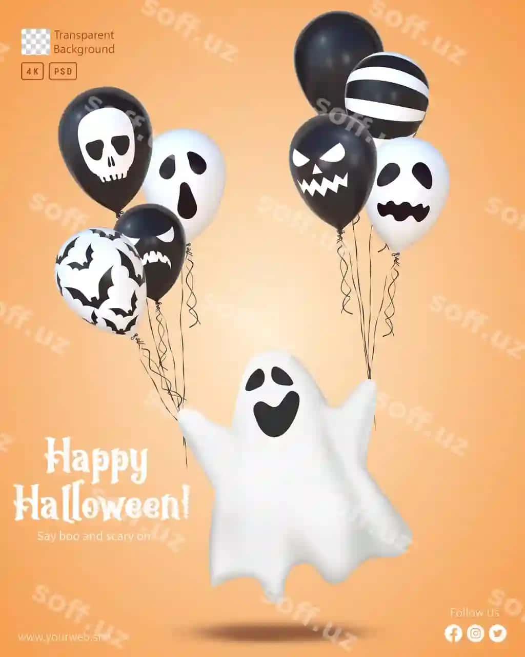 Baxromli Halloween poyezr shabloni 3d renderingli Halloween jinn | Happy halloween poster template with 3d rendering halloween ghost