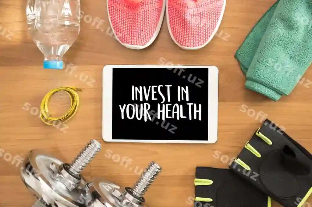 Sog'ligingizga sarmoya kiriting sog'om yashash konsepsiyasi bilan dieta, fitness, sog'om ovqatlar. | Invest your health healthy lifestyle concept with diet fitness healthy food