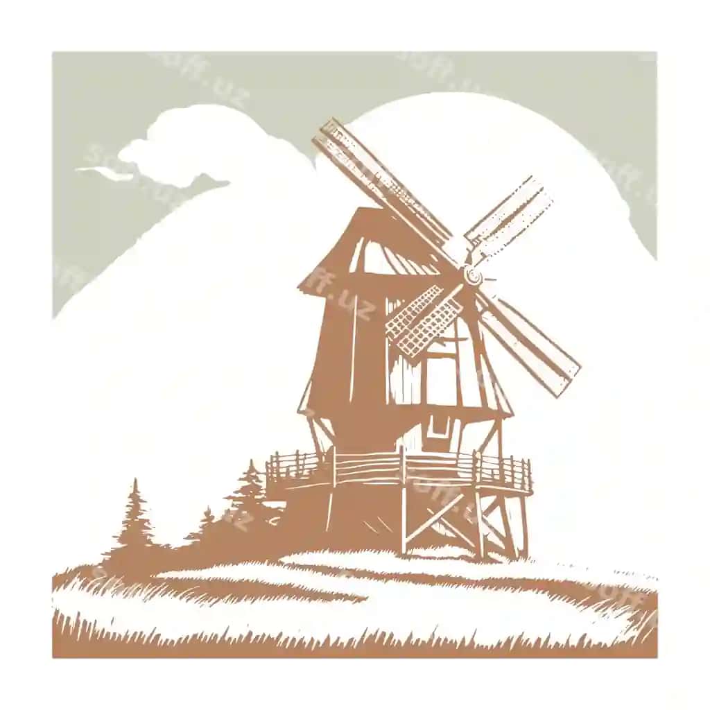 Vektor rasm oynatish uslubidagi shamad qo'lma chizilgan illustratsiya | Vector image engraving style windmill hand drawn illustration