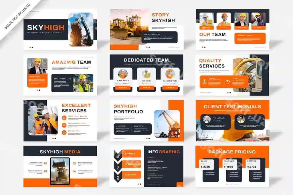 Yuqori binolar uchun taqdimot dizayni shabloni | Skyhigh construction presentation design template