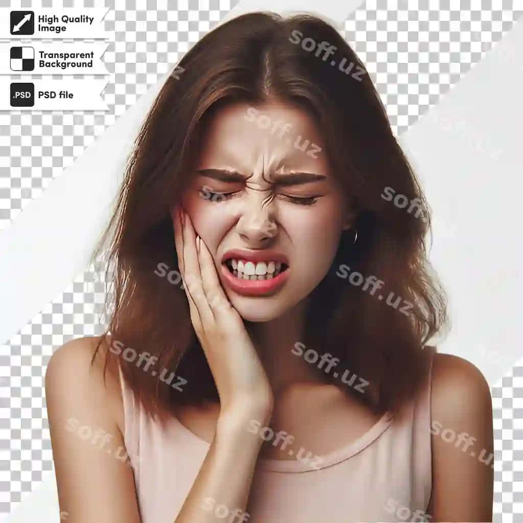 Psd tish og'rig'i bor ayol shaffof orqa fonda tahrirlanadigan maska | Psd woman with toothache transparent background with editable mask