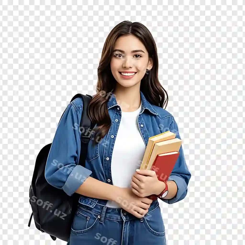 Gulovchi yosh ayol kitoblar sumkasi turgan ajralgan shaffof | Smiling young woman with books backpack standing isolated transparent