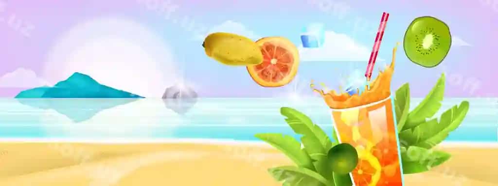 Yozgi tropik orol dengiz qirg'og'idagi sovuq ichimlik shisha meva somoni | Summer tropical island seashore cold beverage glass fruit straw