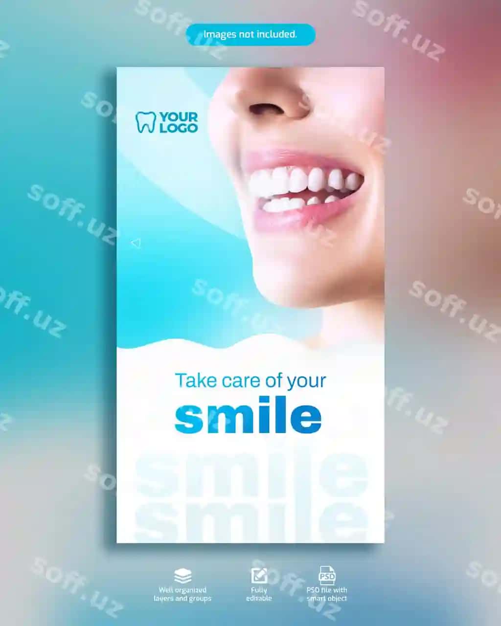 Poster tish klinikasi ayol bilan gulchiman chiroyli tishlar ko'k Instagram | Poster dental clinic with woman smiling beautiful teeth blue instagram