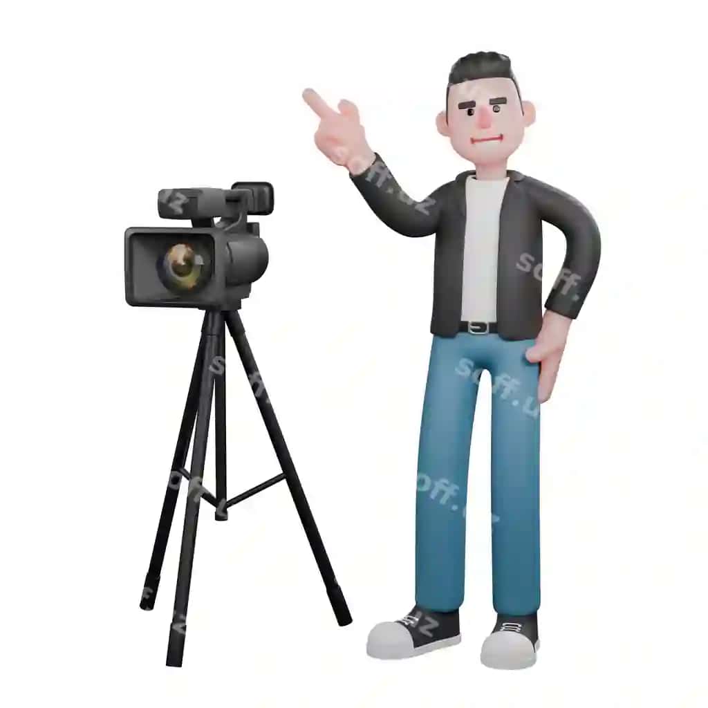 Erkak kamera operatori o'z chap qo'lida studiya kamerasini o'z beliga o'z holda turadi. | Male cameraman stands studio camera with his left hand his waist