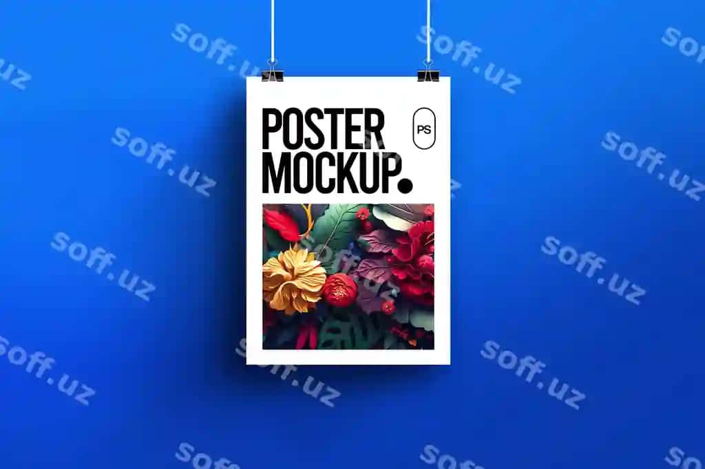 Psd poster mockup tortiqda asib turgan ko'k devor | Psd poster mockup hanging by rope blue wall