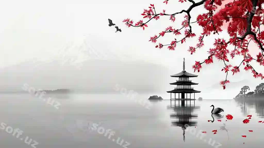 Go'zal manzara rasmi, Pagoda ko'li qor bag'irgan to'pka orqa fonda. | Beautiful landscape painting pagoda lake with snow capped mountain background